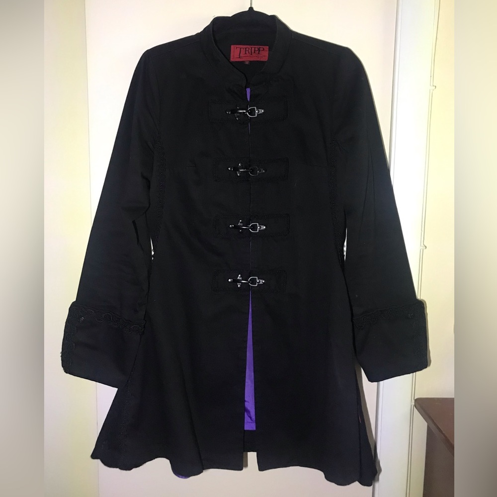 Tripp NYC Black Gothic Trench Coat with Satin Purple Lining